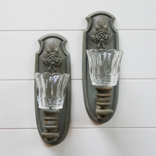 Vintage Burwood Green Rose Candleholder Wall Sconce, Vitnage Rose Wall Sconces, Pair Vintage Burwood Grey Green Rose Wall Candleholders