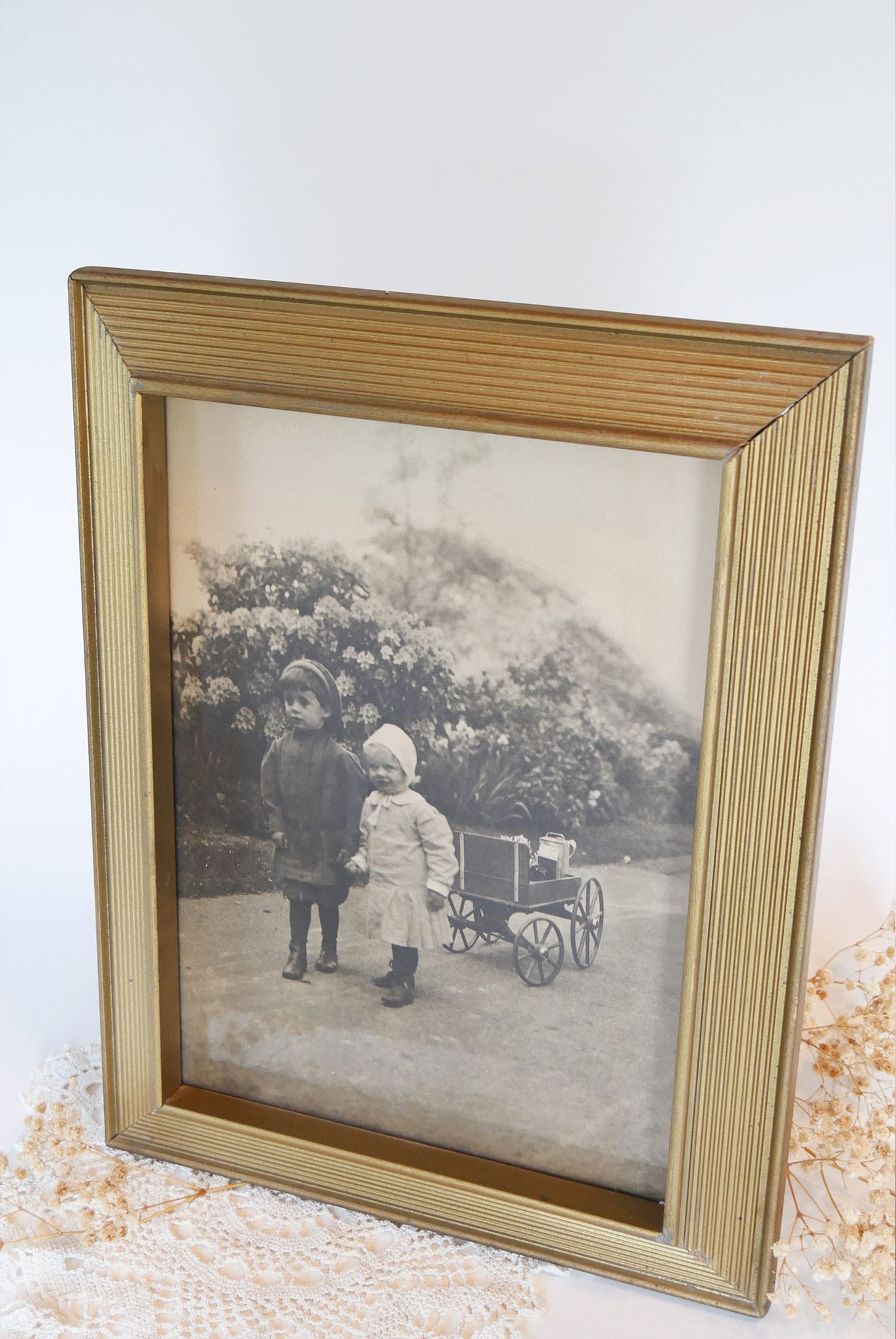 Vintage Gold Framed Black and White Children Photograph, 11in x 14in Vintage Framed Black and White Photograph Old Time Children Photograph Framed