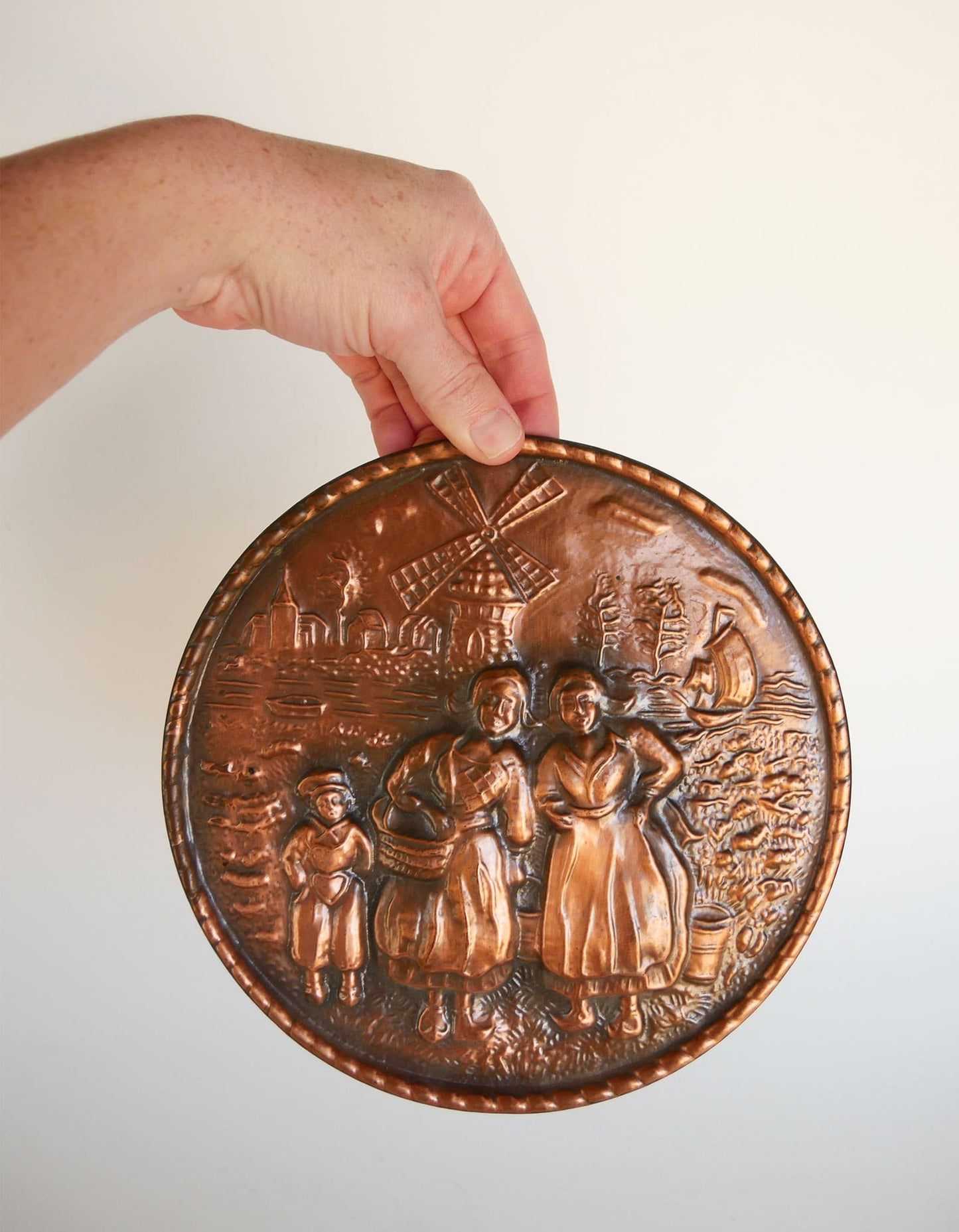 Vintage Copper Dutch Windmill Scene Wall Plaque, Made in England