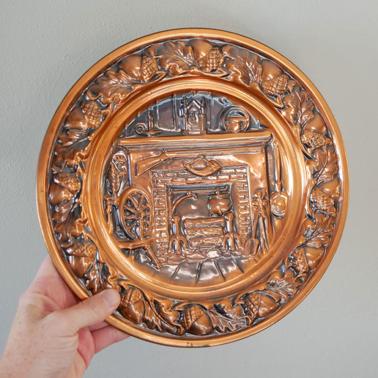 Vintage Coppercraft Guild Colonial Wall Plaque, Spinning Wheel and Hearth, Vintage Colonial Copper Wall Plaque, Vintage Copper Wall Plaque