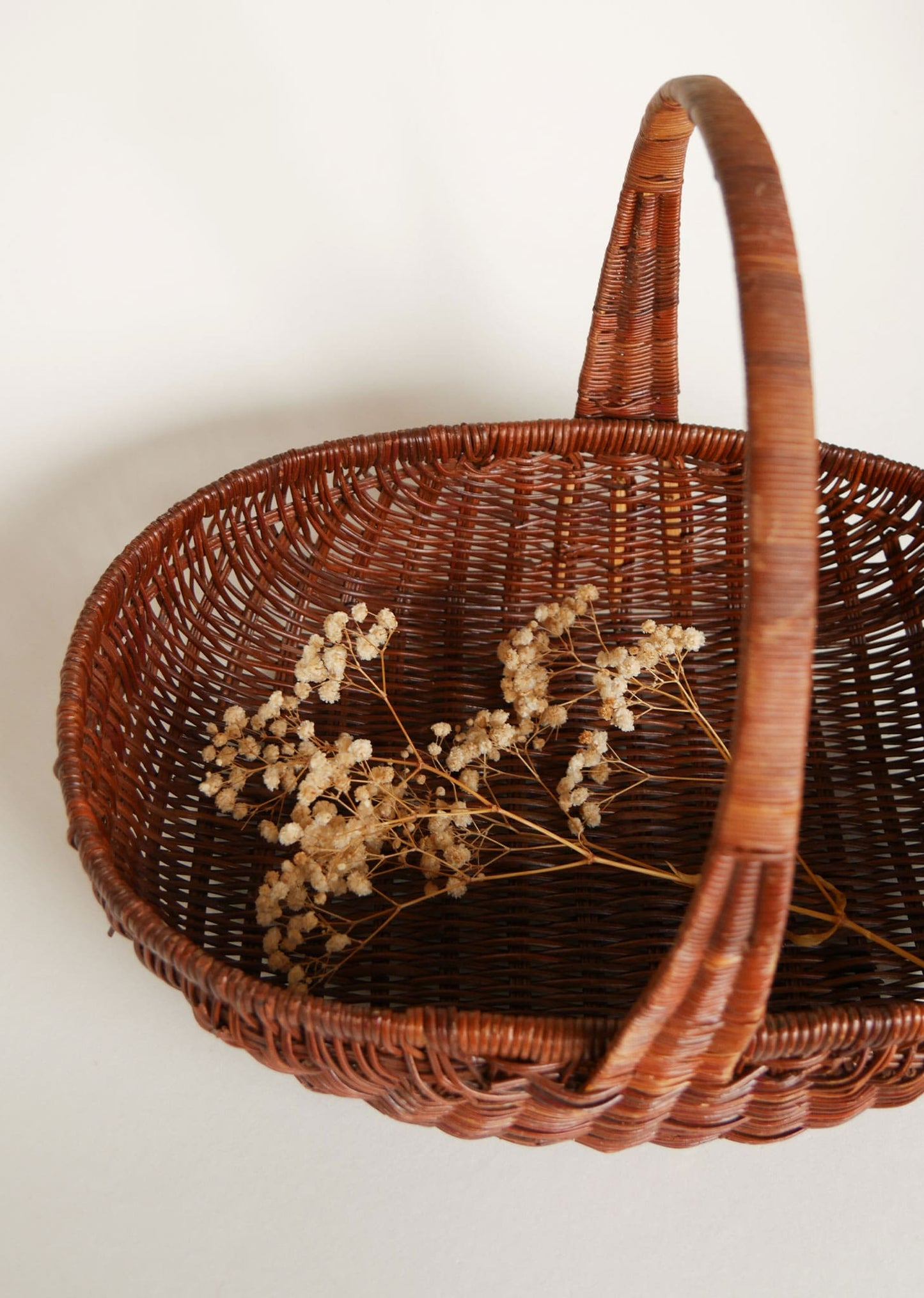 Vintage Brown Wicker Oval Basket with Handle, Vintage Wicker Flower Basket, Oval Wicker Handle Basket