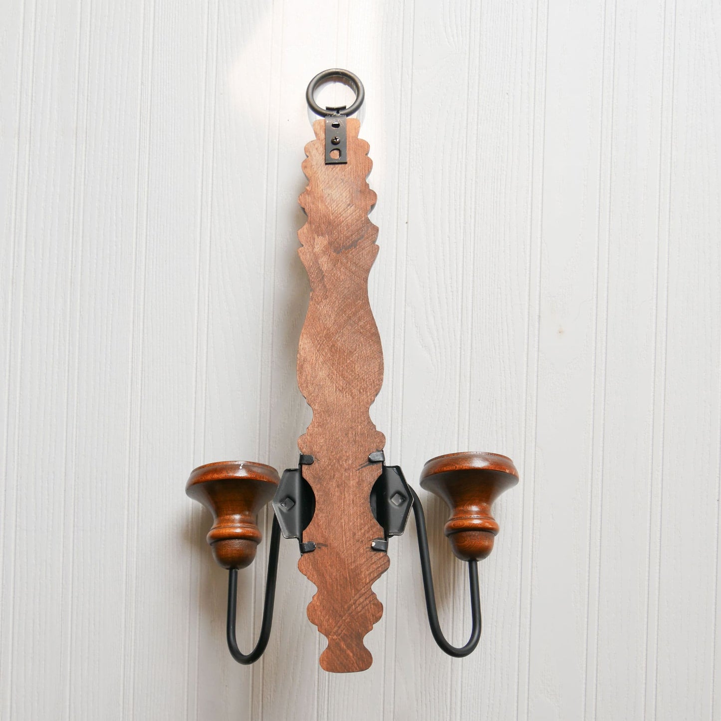Vintage Double Candlestick Wall Sconce, Vintage Wood and Metal Candlestick Wall Sconce