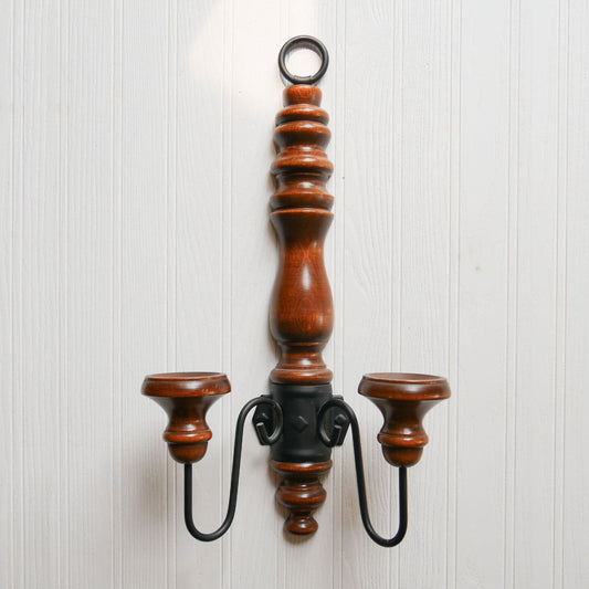 Vintage Double Candlestick Wall Sconce, Vintage Wood and Metal Candlestick Wall Sconce