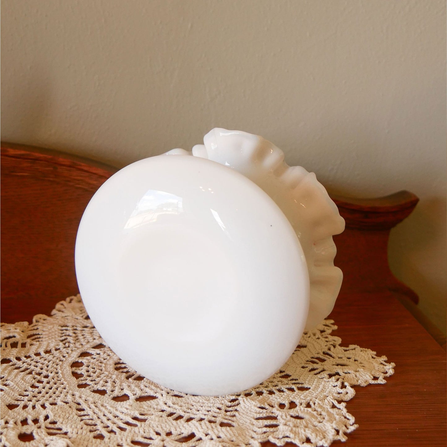 Fenton Milk Glass Ruffled Planter wtih Drain Hole and Saucer Vintage Fenton Milk Glass Planter
