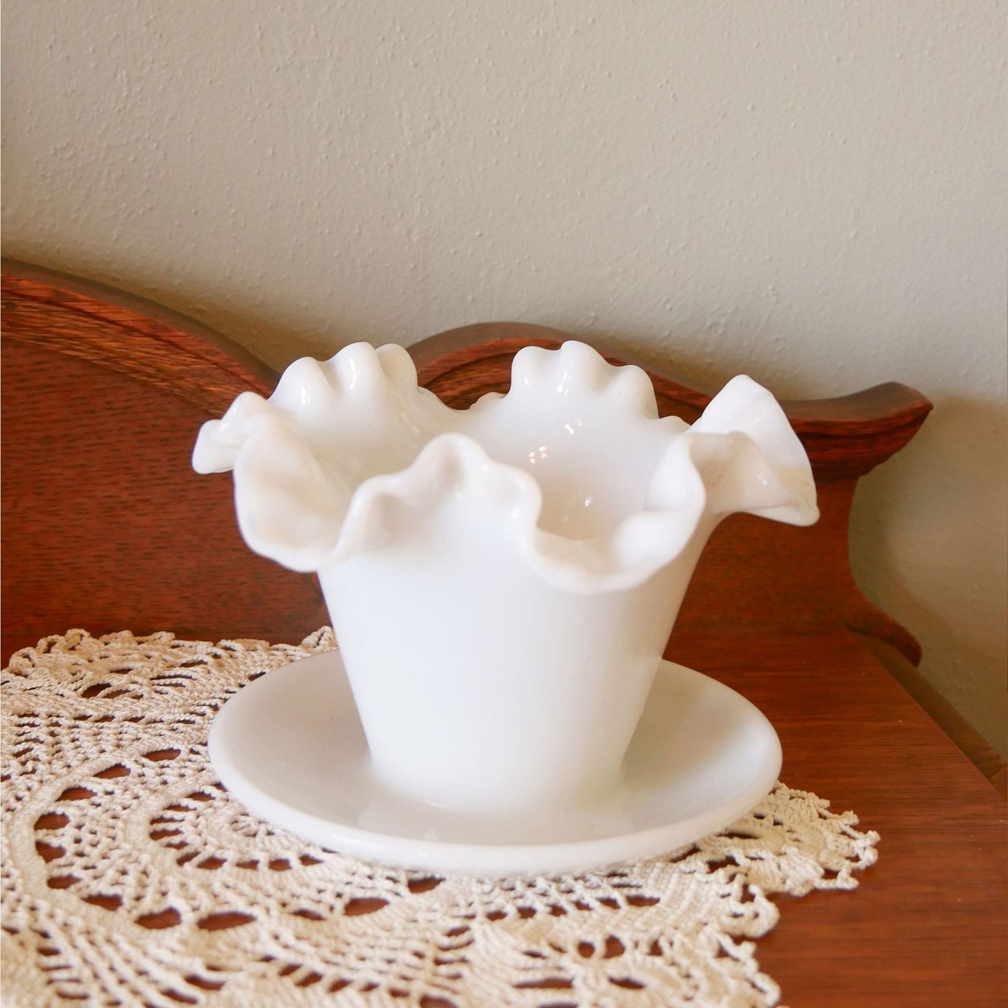 Fenton Milk Glass Ruffled Planter wtih Drain Hole and Saucer Vintage Fenton Milk Glass Planter