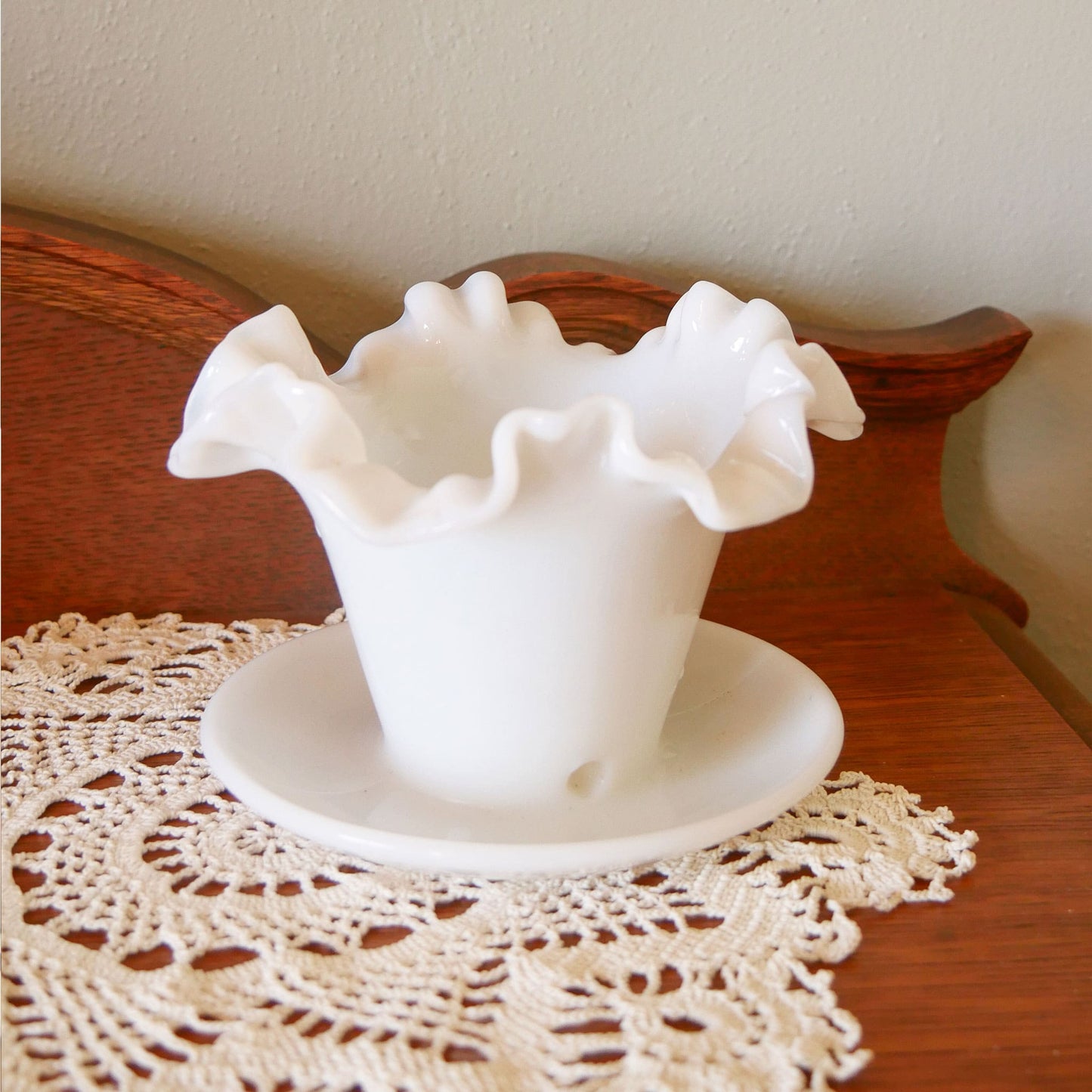 Fenton Milk Glass Ruffled Planter wtih Drain Hole and Saucer Vintage Fenton Milk Glass Planter