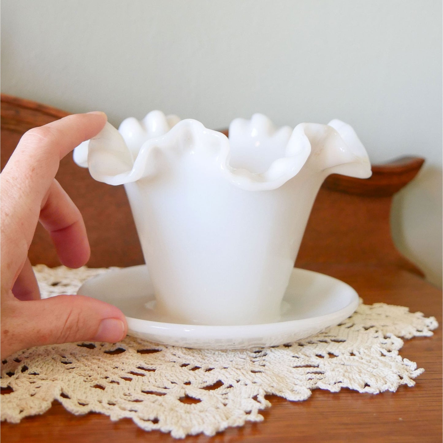 Fenton Milk Glass Ruffled Planter wtih Drain Hole and Saucer Vintage Fenton Milk Glass Planter