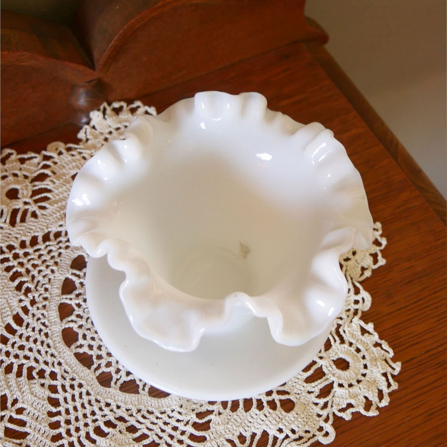 Fenton Milk Glass Ruffled Planter wtih Drain Hole and Saucer Vintage Fenton Milk Glass Planter