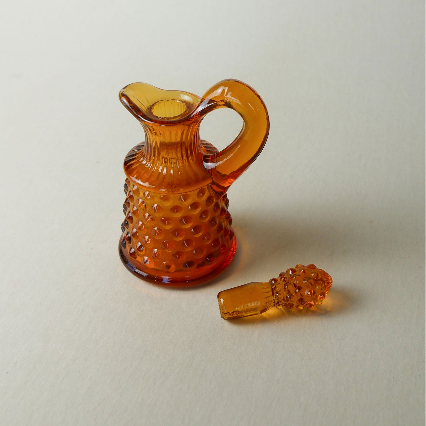 Fenton Hobnail Amber Glass Mini Cruet Pitcher with Stopper, Vintage Amber Cruet