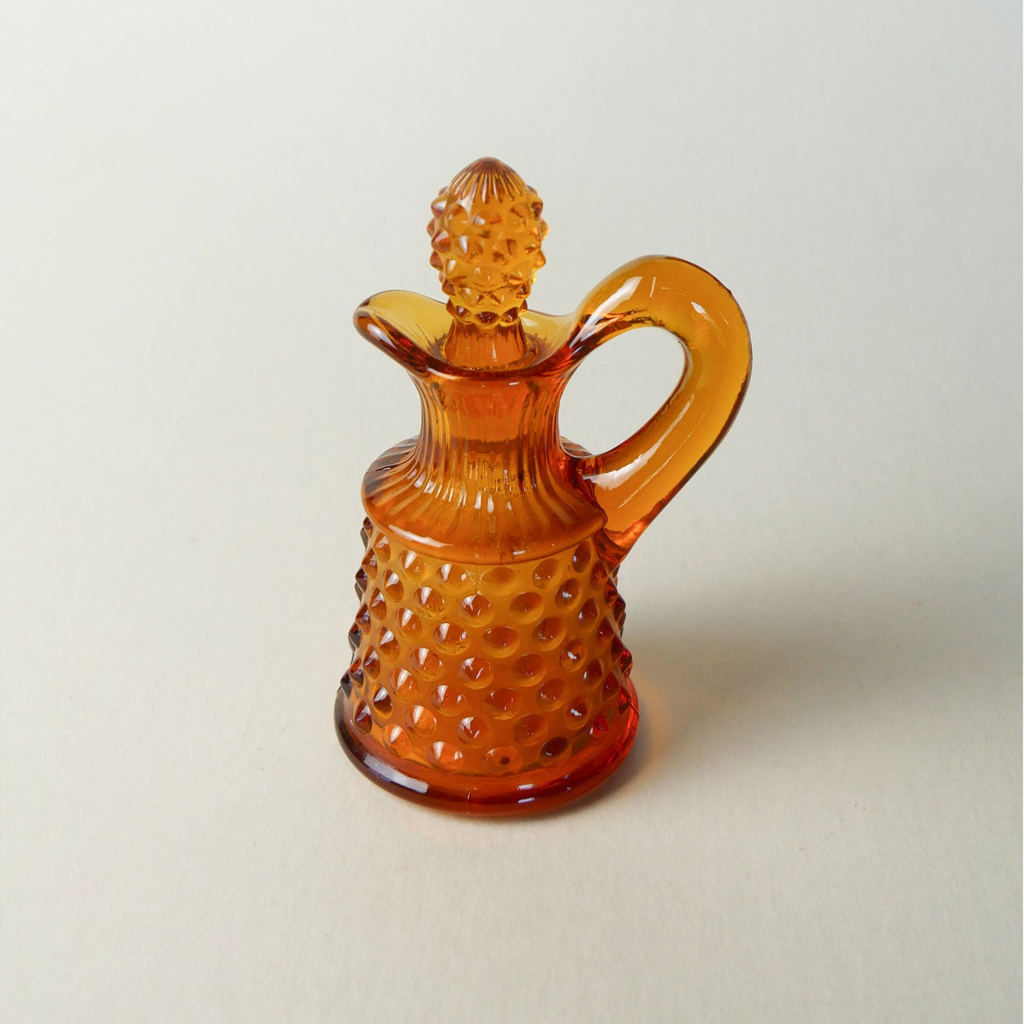 Fenton Hobnail Amber Glass Mini Cruet Pitcher with Stopper, Vintage Amber Cruet