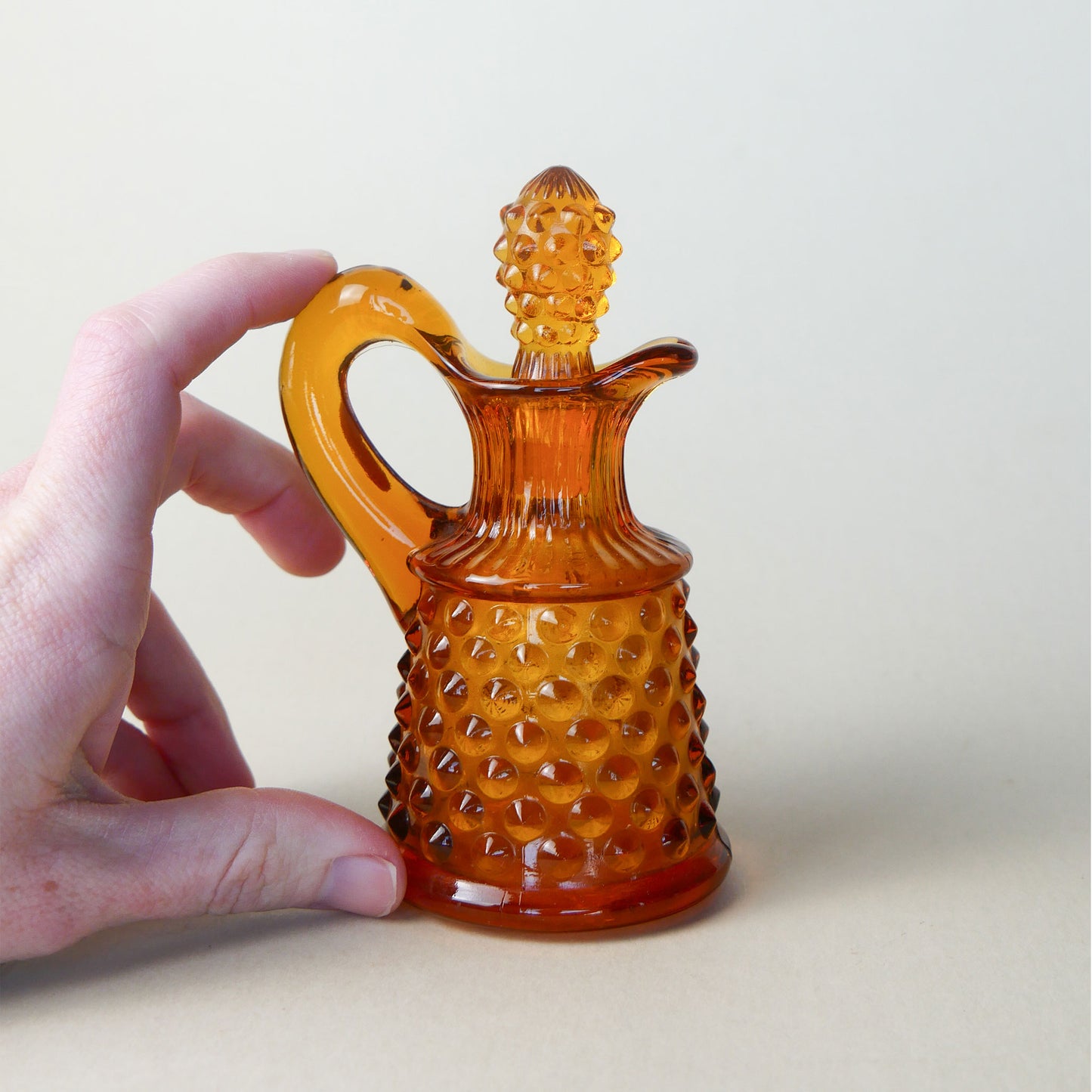 Fenton Hobnail Amber Glass Mini Cruet Pitcher with Stopper, Vintage Amber Cruet