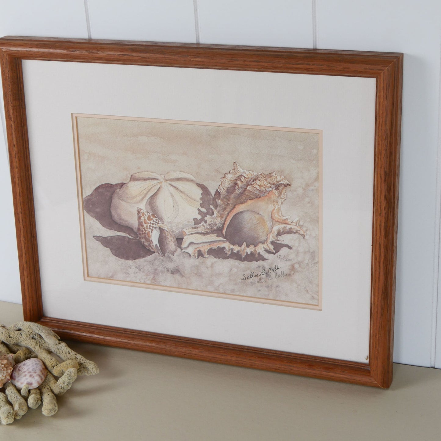 Vintage Framed Sea Shells on the Beach Print, Signed Sallie B Cobb, Vintage Nautical Decor, Nautical Wall Decor, Coastal Wall Decor