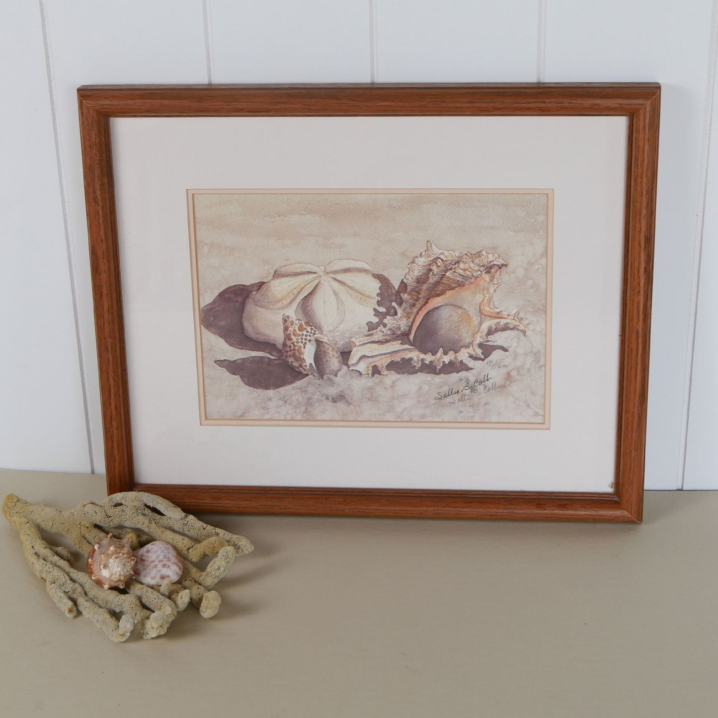 Vintage Framed Sea Shells on the Beach Print, Signed Sallie B Cobb, Vintage Nautical Decor, Nautical Wall Decor, Coastal Wall Decor