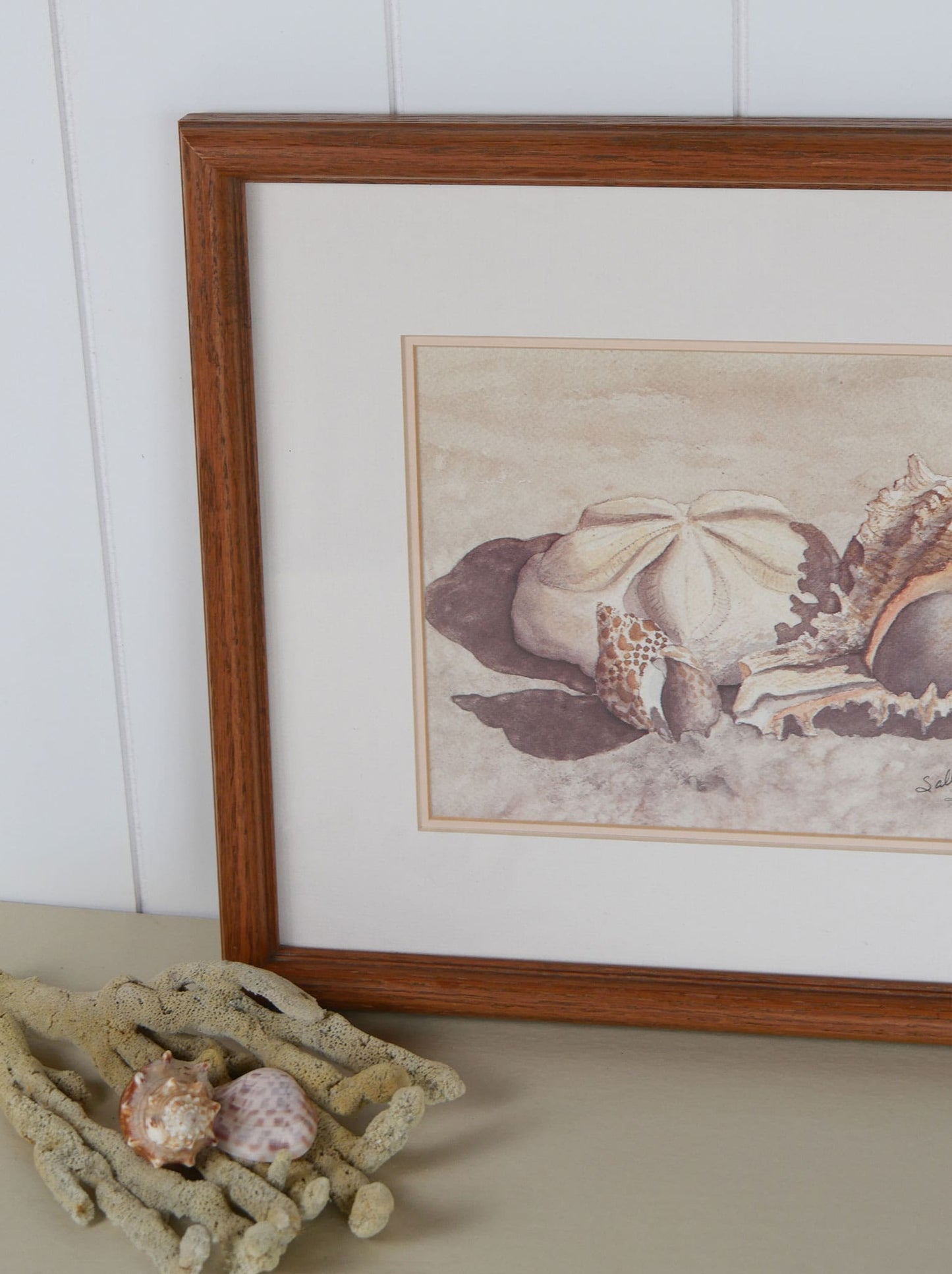 Vintage Framed Sea Shells on the Beach Print, Signed Sallie B Cobb, Vintage Nautical Decor, Nautical Wall Decor, Coastal Wall Decor
