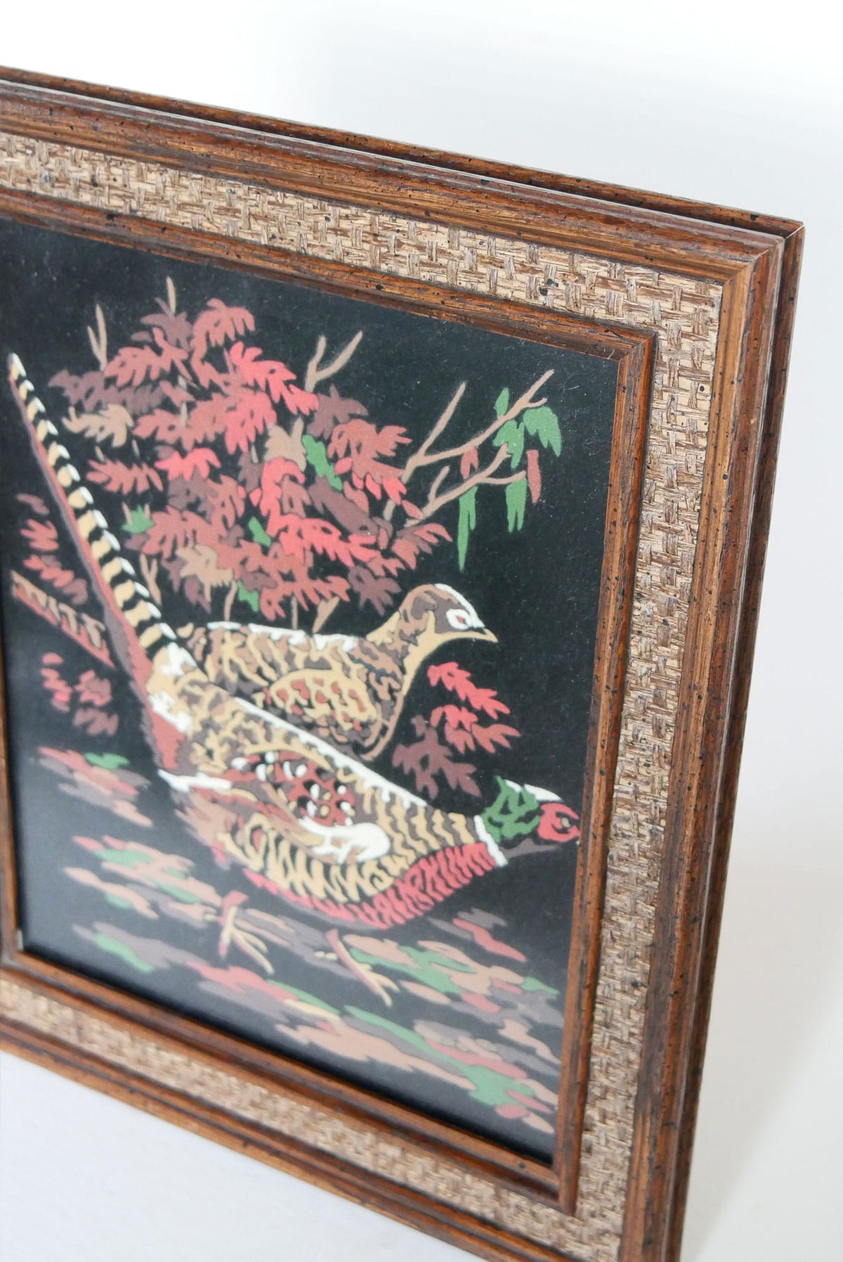 Vintage Framed Pheasant Velvet Artwork, Vintage Pheasant Artwork, Vintage Woodland Bird Artwork, Vintage Wood Bird Artwork, Pheasant Decor, Vintage Pheasant decor