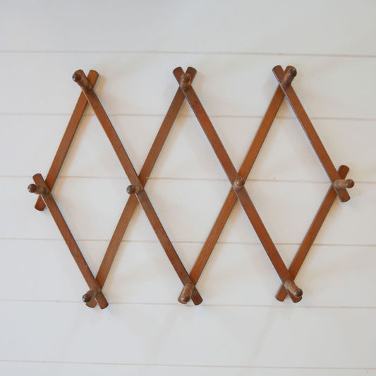 Vintage Honey Stained Wood Accordion Hat Rack