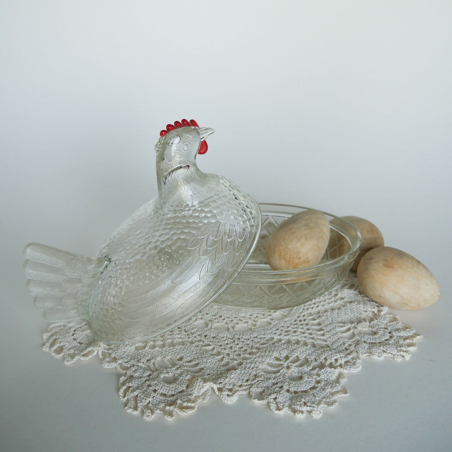 Vintage Clear Glass Nesting Chicken, Medium, Vintage Glass Nesting Hen, Vintage Farmhouse Decor, Vintage Farmhouse Kitchen Decor