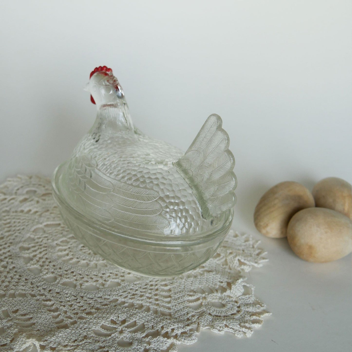 Vintage Clear Glass Nesting Chicken, Medium, Vintage Glass Nesting Hen, Vintage Farmhouse Decor, Vintage Farmhouse Kitchen Decor