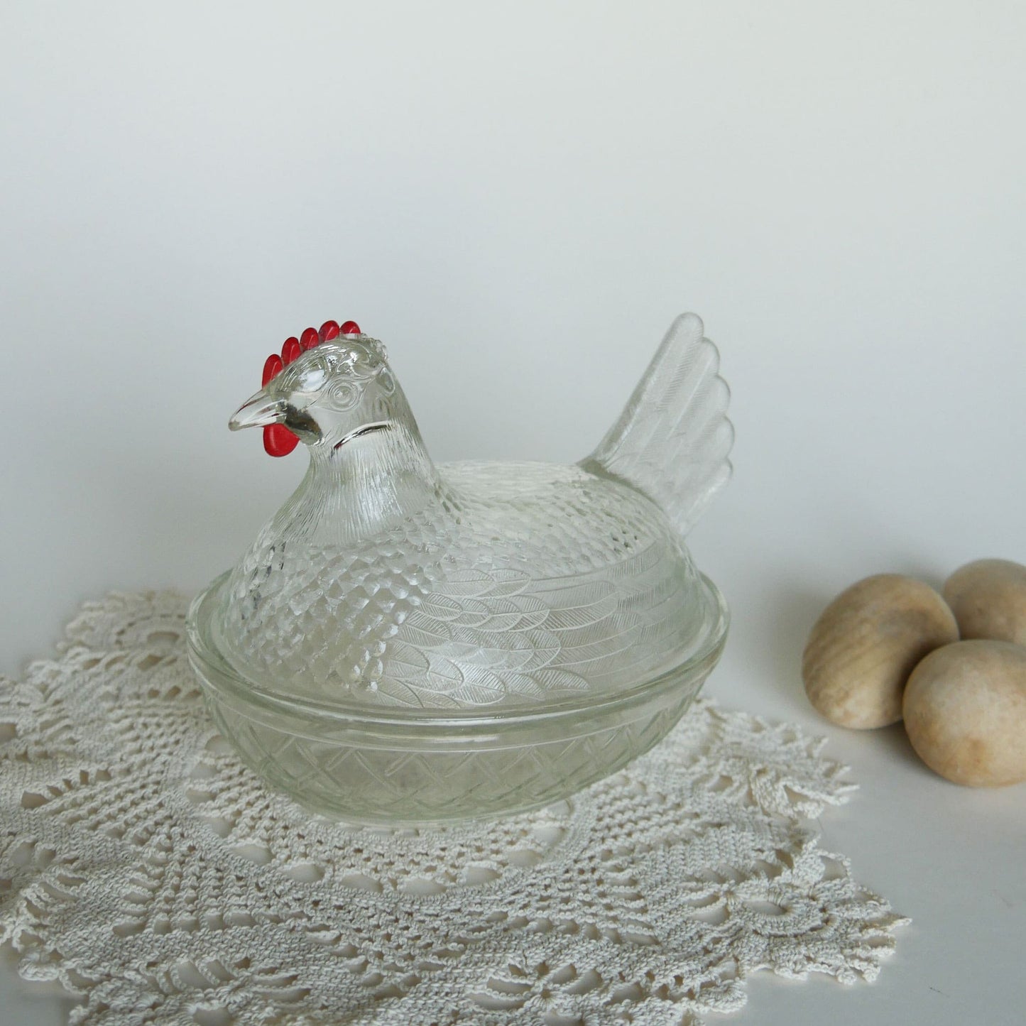Vintage Clear Glass Nesting Chicken, Medium, Vintage Glass Nesting Hen, Vintage Farmhouse Decor, Vintage Farmhouse Kitchen Decor