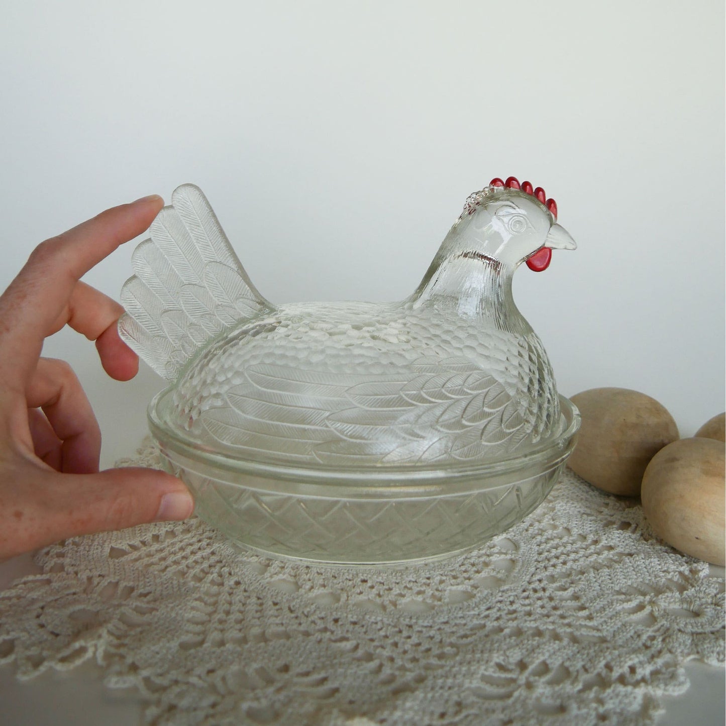 Vintage Clear Glass Nesting Chicken, Medium, Vintage Glass Nesting Hen, Vintage Farmhouse Decor, Vintage Farmhouse Kitchen Decor