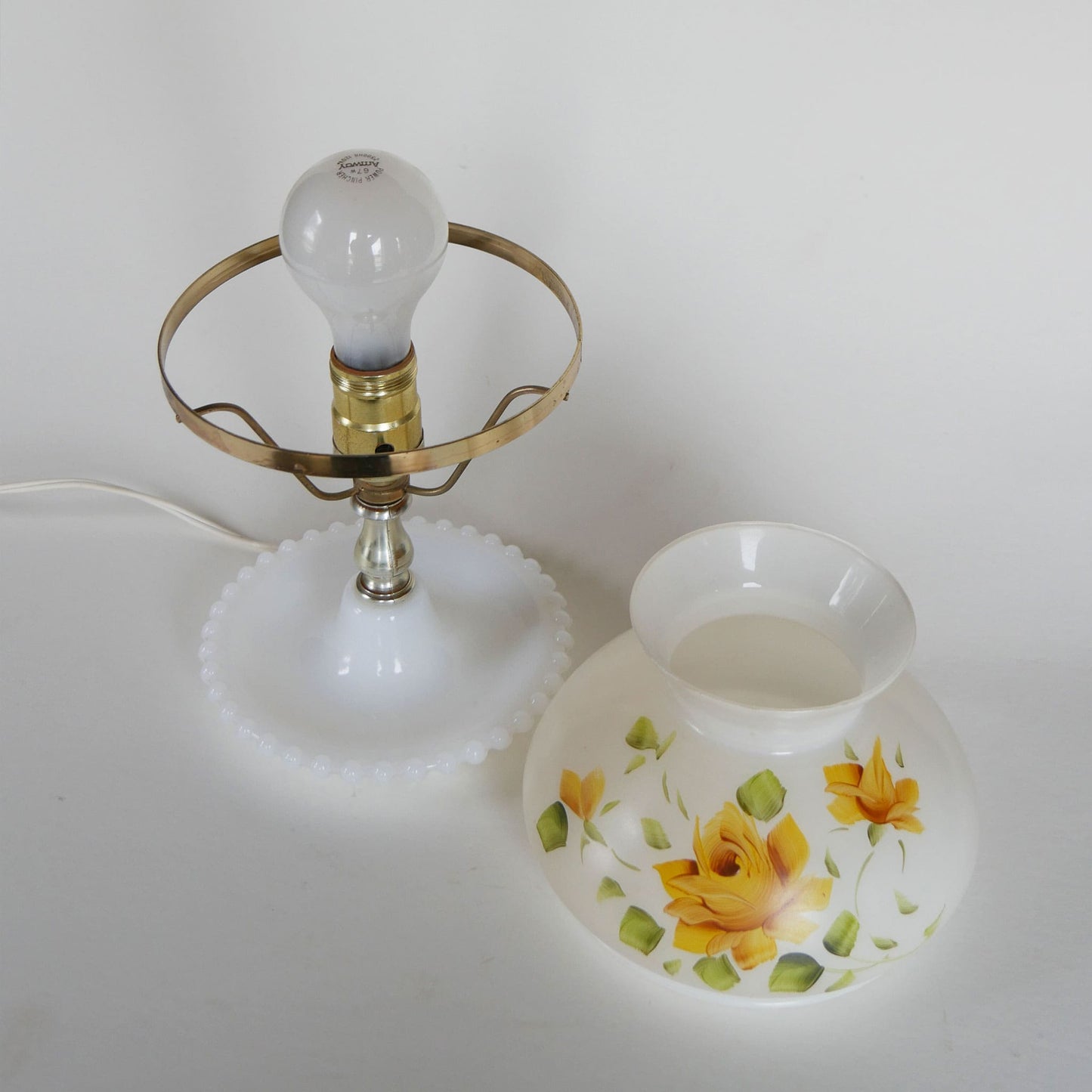 Vintage Hobnail Milk Glass Yellow Floral Table Lamp