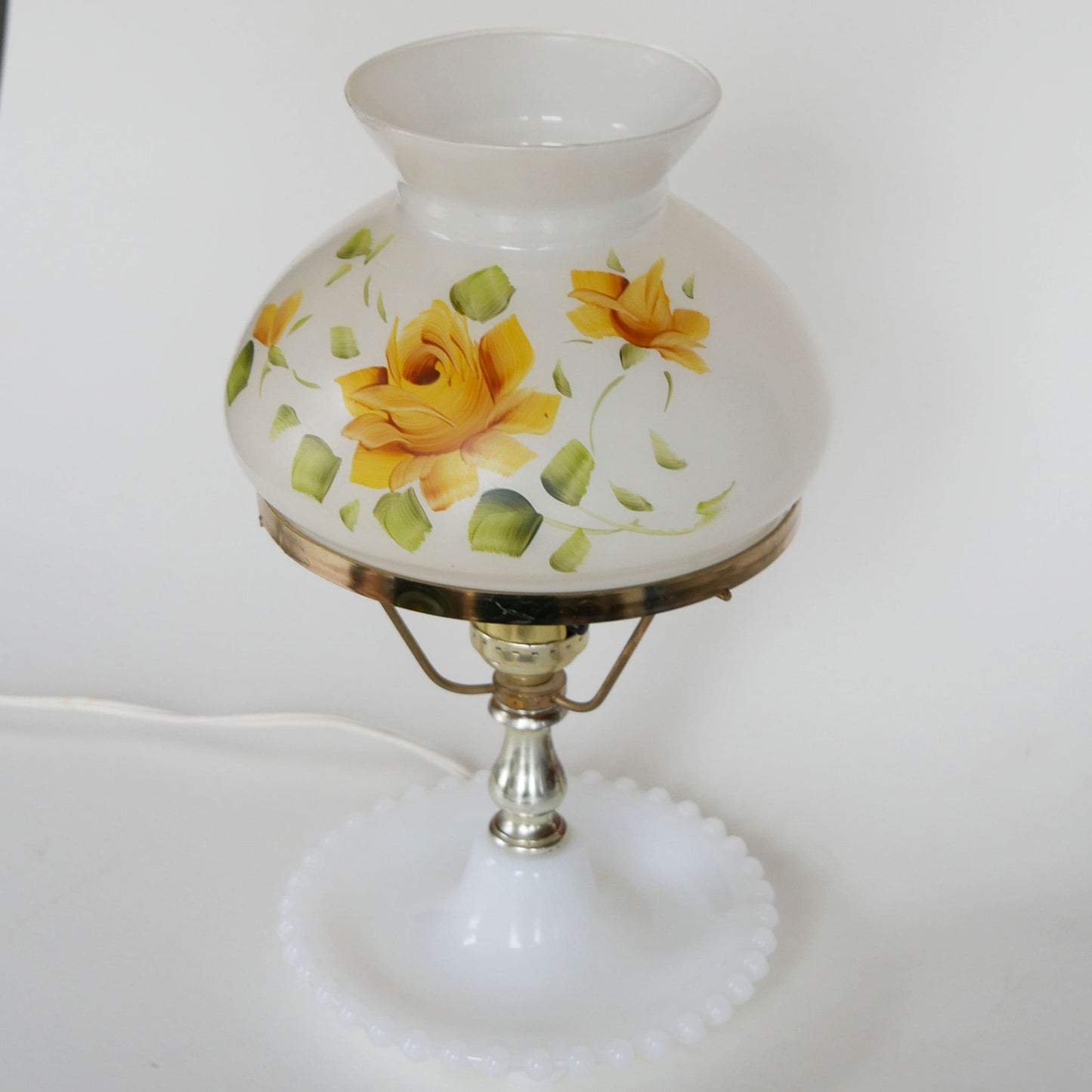 Vintage Hobnail Milk Glass Yellow Floral Table Lamp