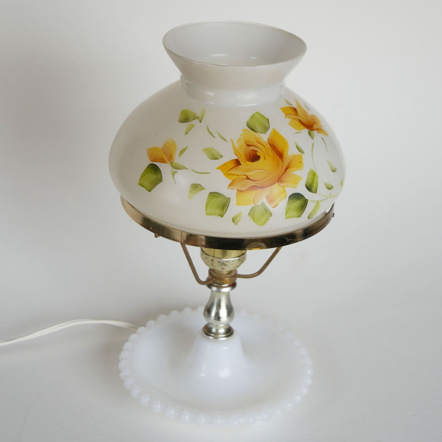 Vintage Hobnail Milk Glass Yellow Floral Table Lamp