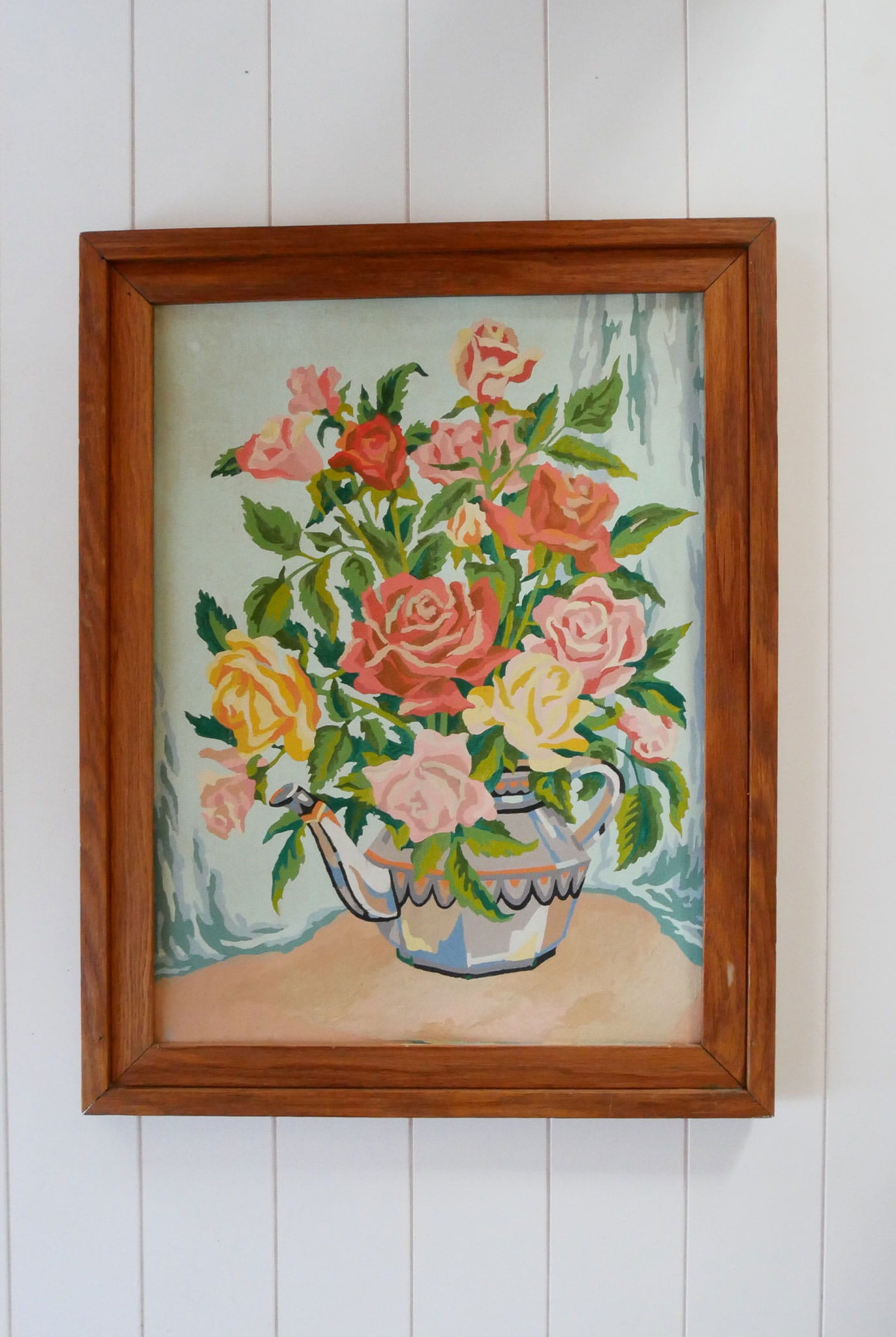 Vintage Rose in Teapot Paint by Numbers Artwork, Cottagecore Artwork, Cottagecore Floral Artwork, Vintage Floral Artwork, Vintage Pastel Floral ARtwork, Vintage Cottage Artwork, Vintage Wall Decor