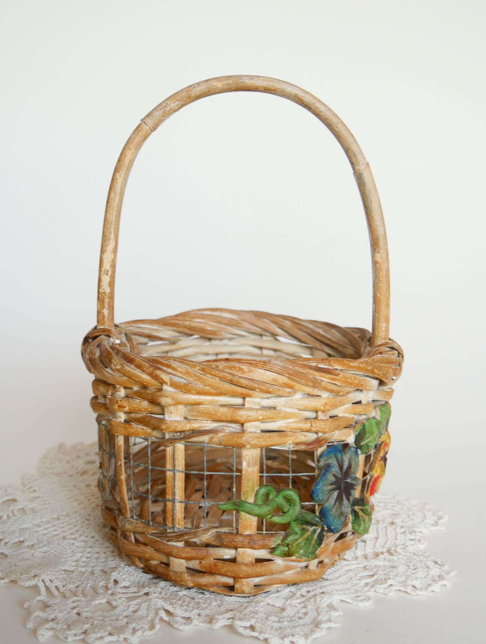 Vintage Painted Floral Wicker and Wood Basket with Handle Vintage Floral Basket Vintage Wire Basket Vintage Flower Basket