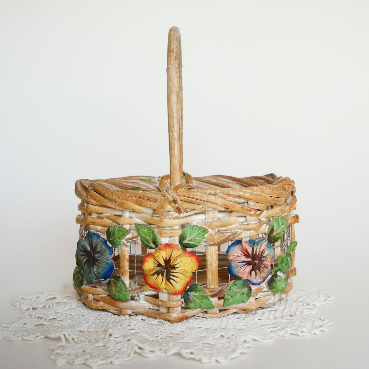 Vintage Painted Floral Wicker and Wood Basket with Handle Vintage Floral Basket Vintage Wire Basket Vintage Flower Basket