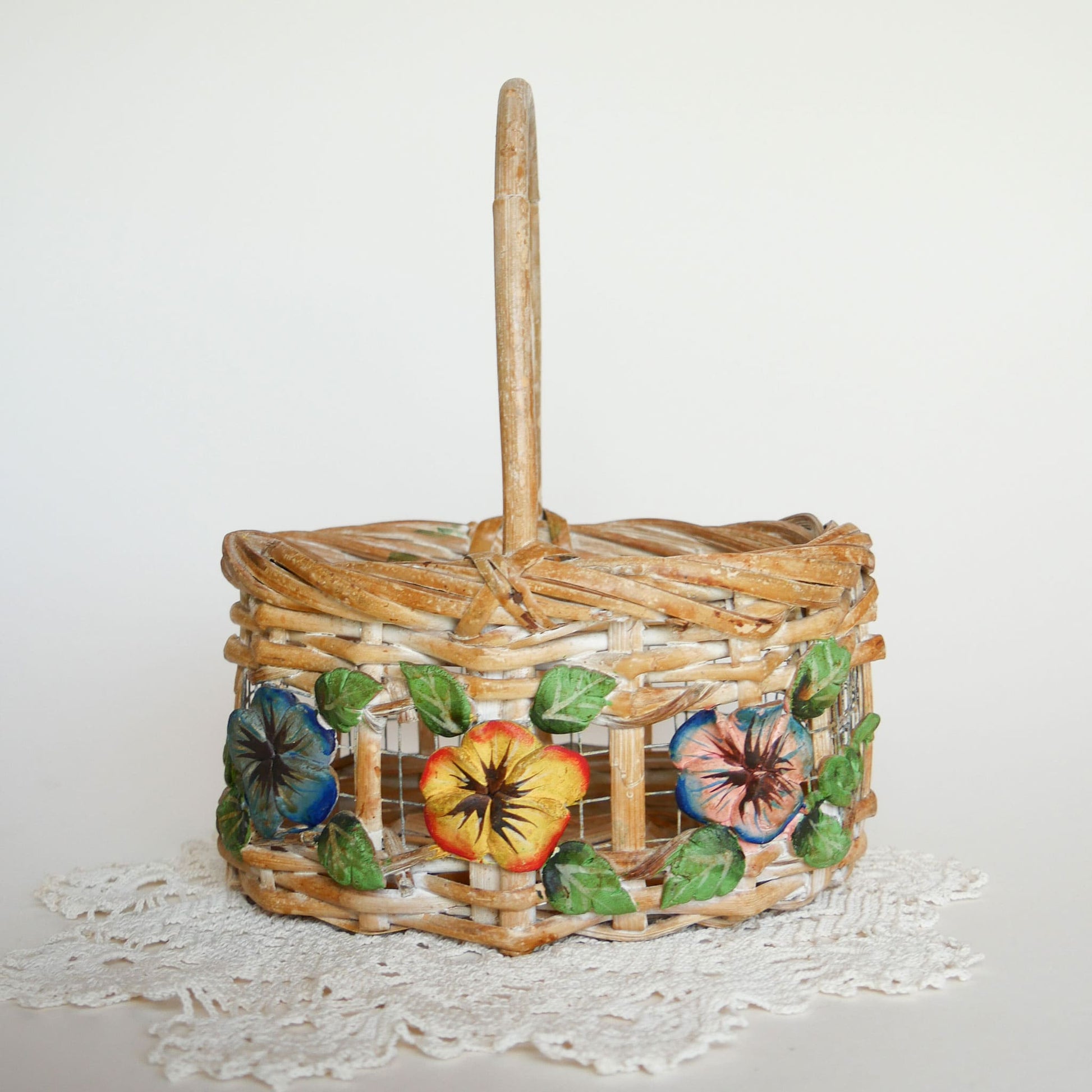 Vintage Painted Floral Wicker and Wood Basket with Handle Vintage Floral Basket Vintage Wire Basket Vintage Flower Basket