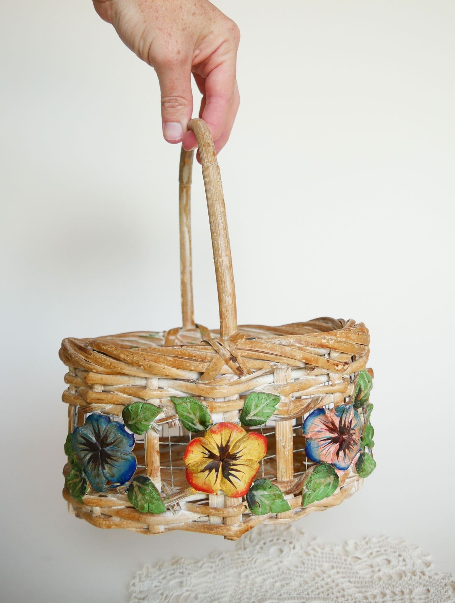 Vintage Painted Floral Wicker and Wood Basket with Handle Vintage Floral Basket Vintage Wire Basket Vintage Flower Basket