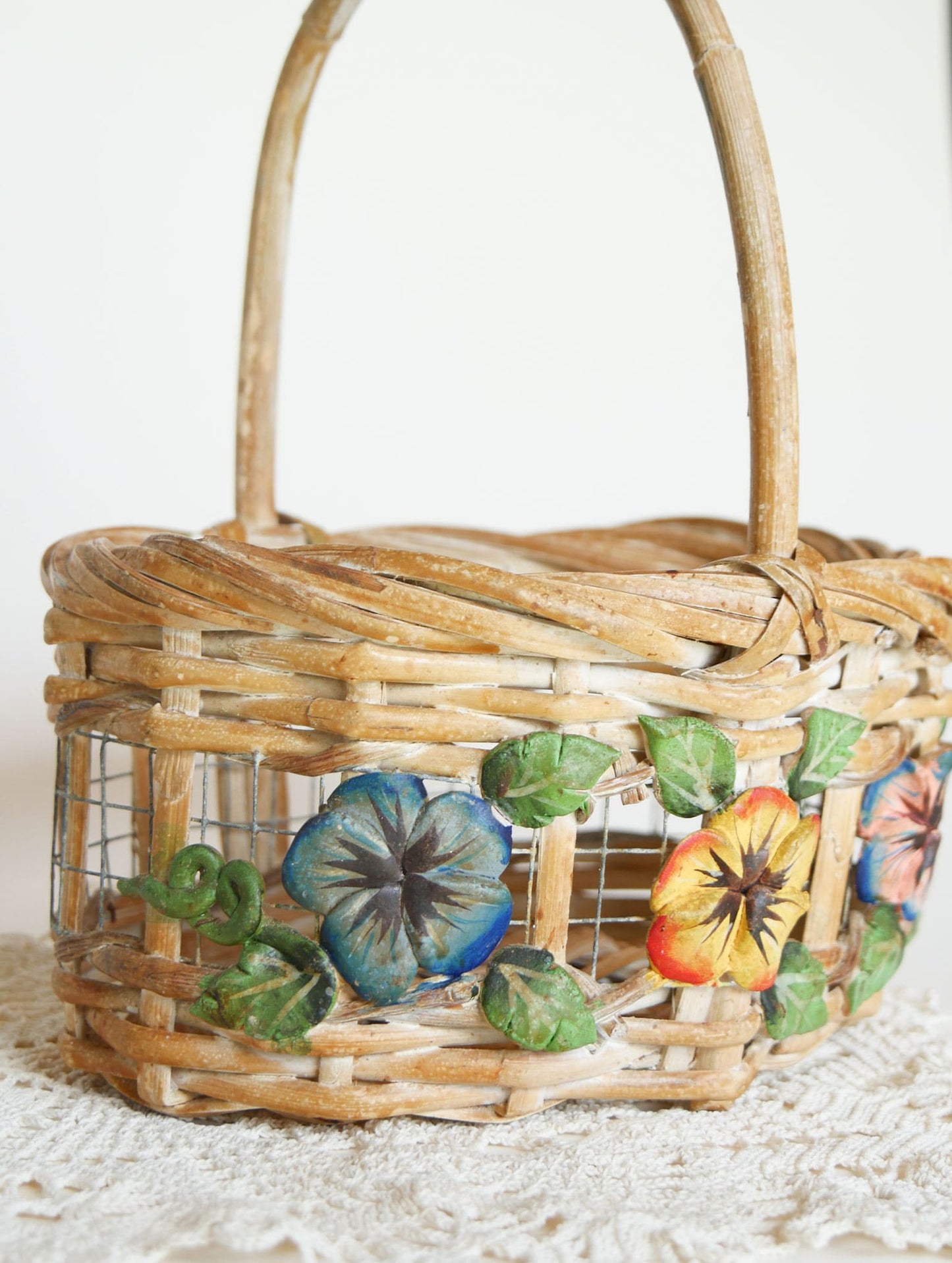 Vintage Painted Floral Wicker and Wood Basket with Handle Vintage Floral Basket Vintage Wire Basket Vintage Flower Basket