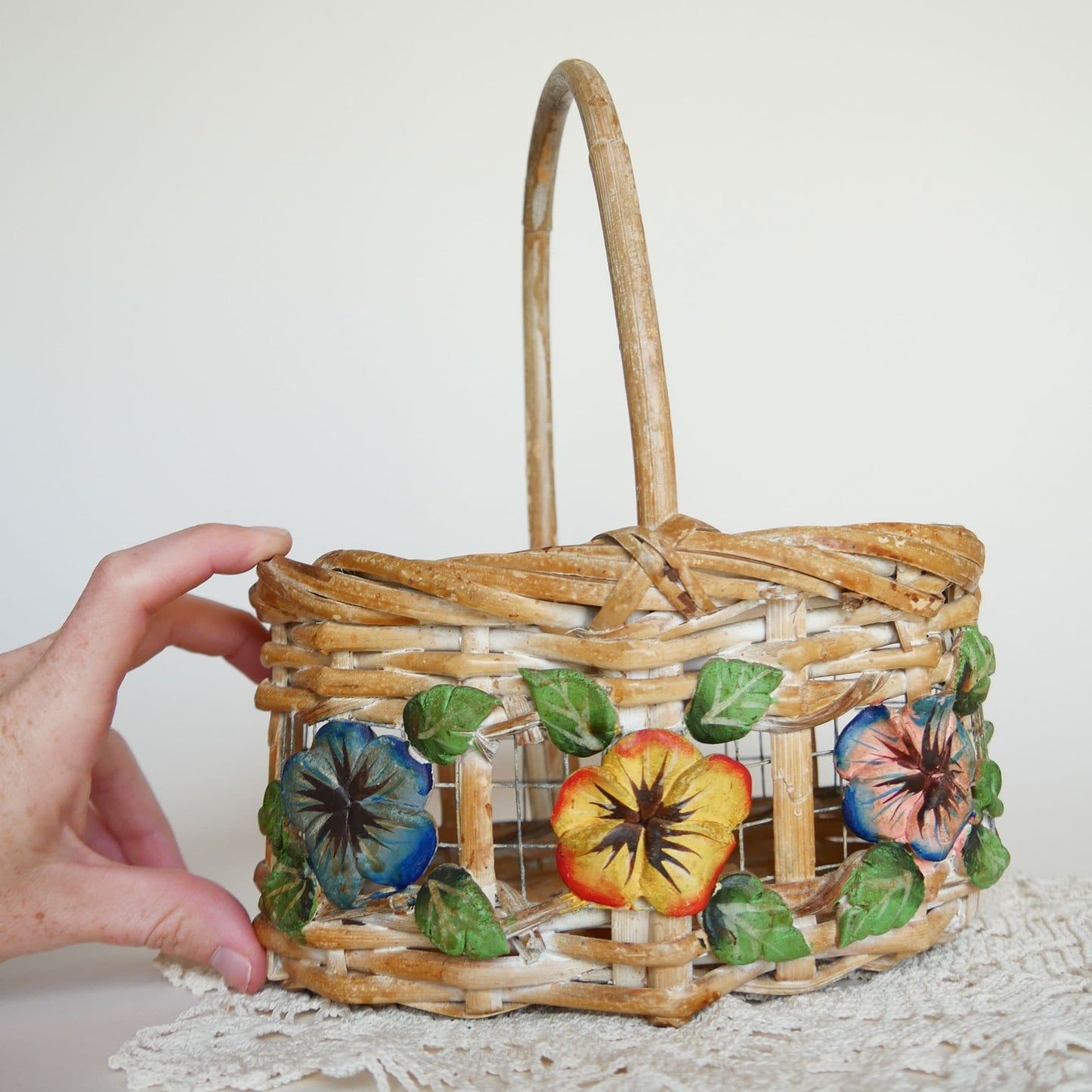Vintage Painted Floral Wicker and Wood Basket with Handle Vintage Floral Basket Vintage Wire Basket Vintage Flower Basket