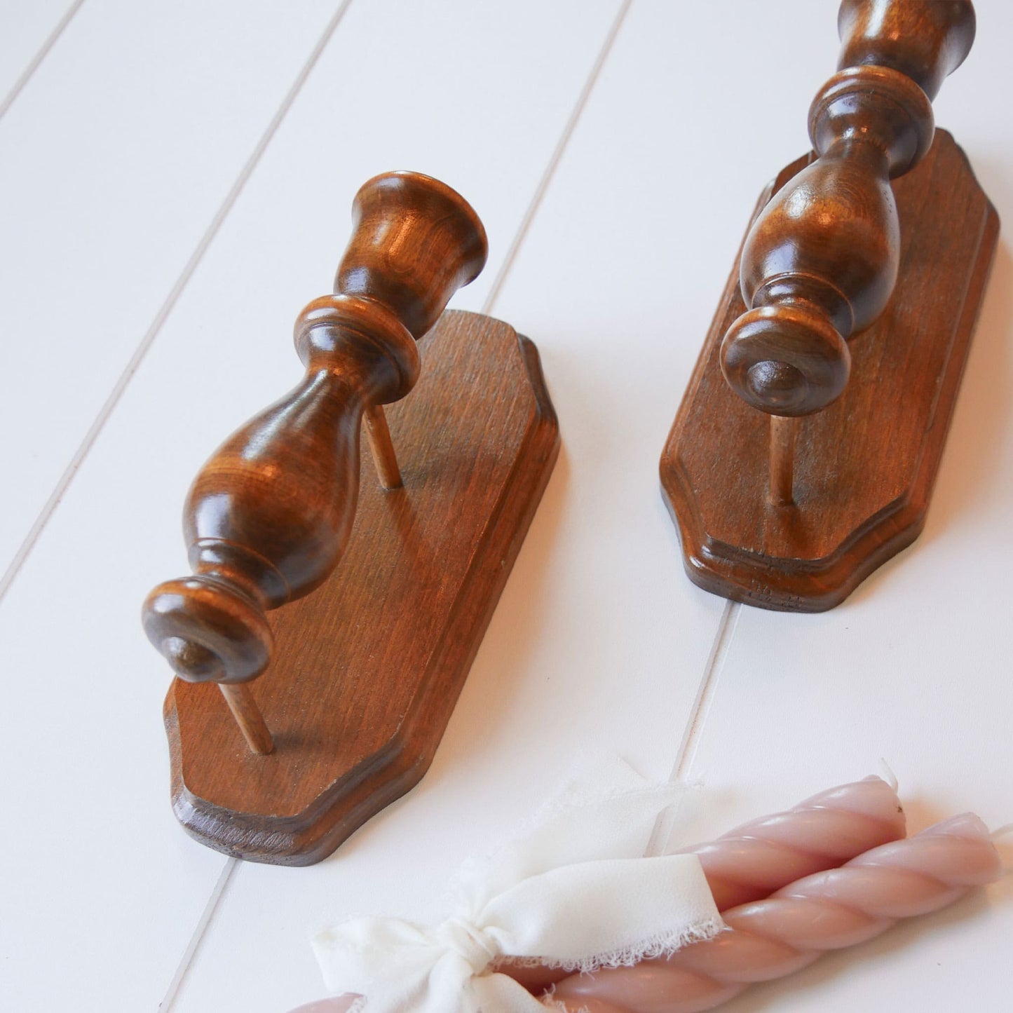 Vintage Pair of Wooden Candlestick Holder Wall Sconces Farmhouse Candle Sconces Vintage Wooden Candle Sconces
