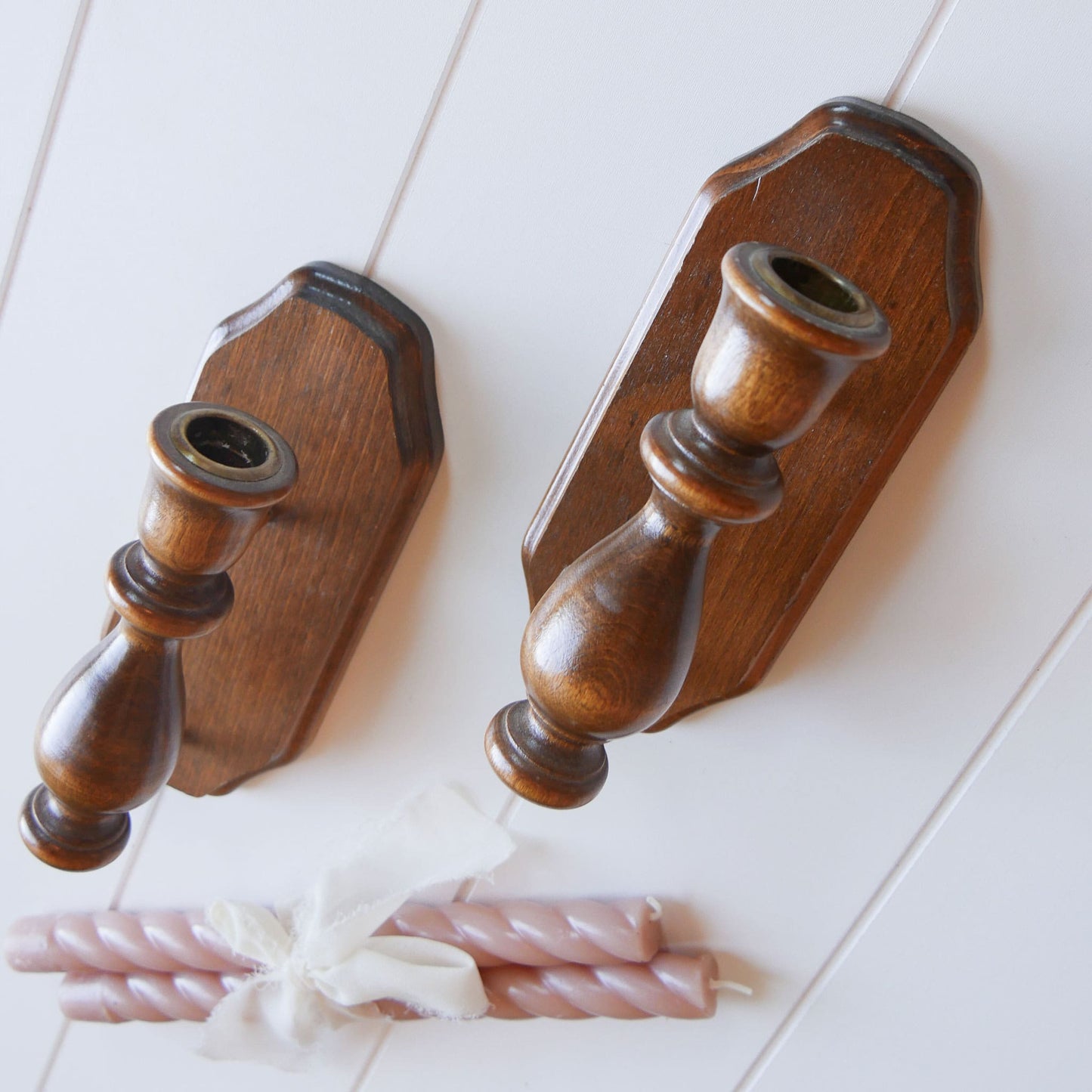 Vintage Pair of Wooden Candlestick Holder Wall Sconces Farmhouse Candle Sconces Vintage Wooden Candle Sconces