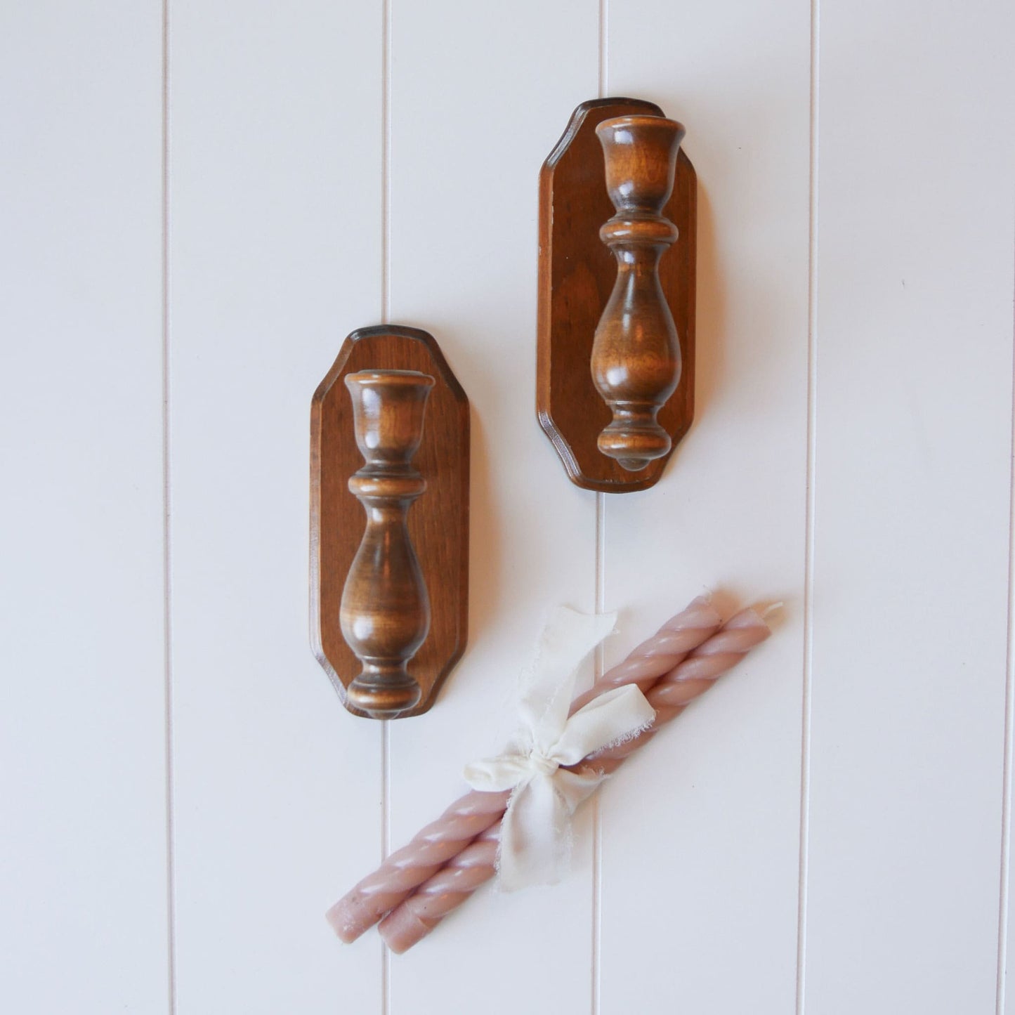 Vintage Pair of Wooden Candlestick Holder Wall Sconces Farmhouse Candle Sconces Vintage Wooden Candle Sconces