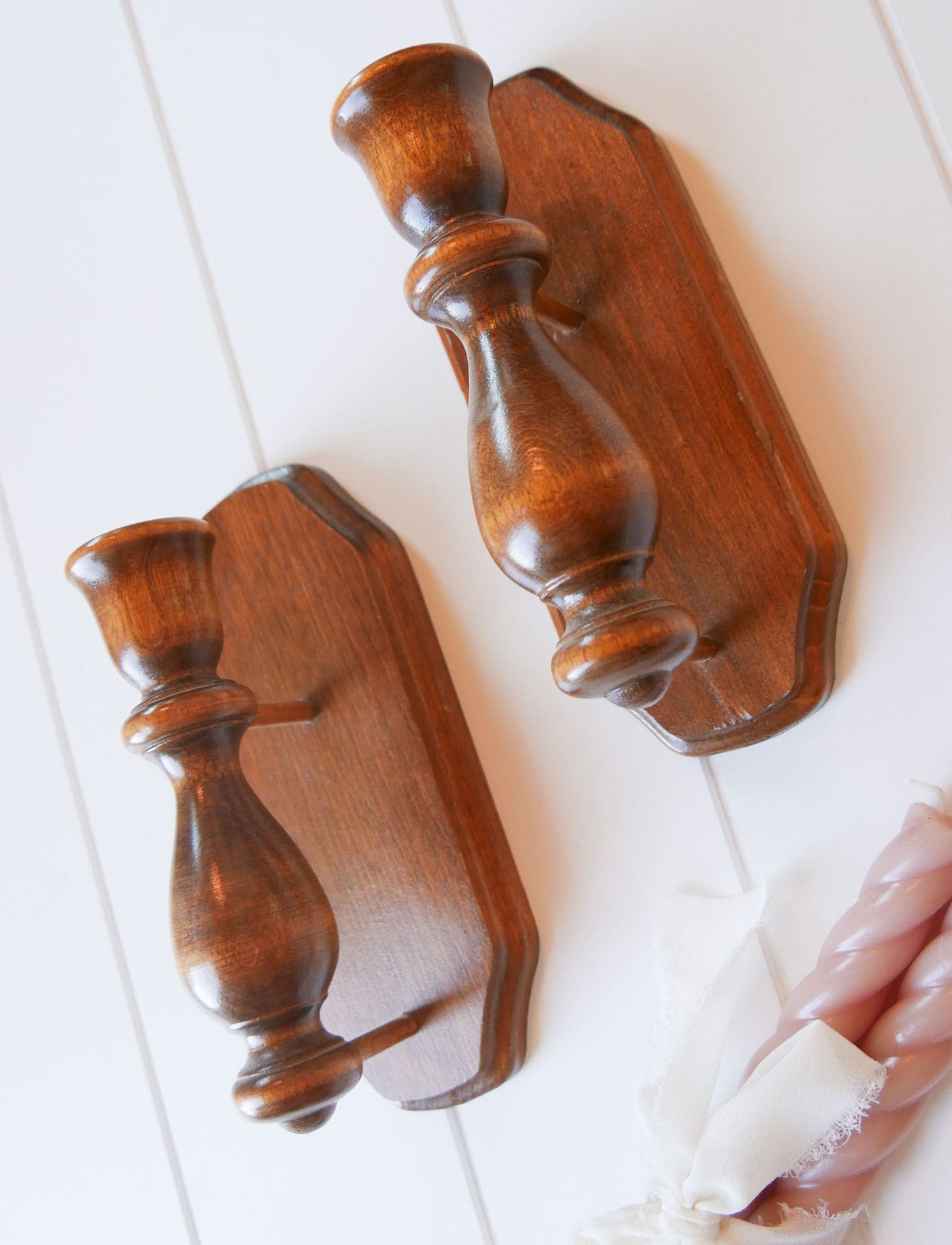 Vintage Pair of Wooden Candlestick Holder Wall Sconces Farmhouse Candle Sconces Vintage Wooden Candle Sconces