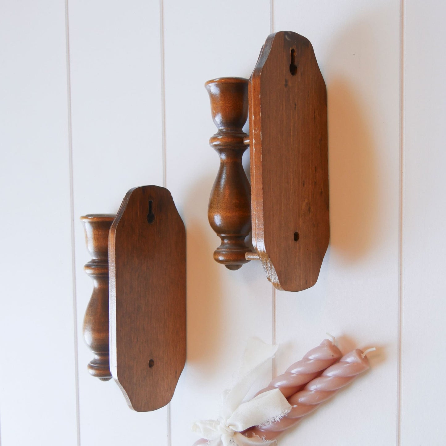Vintage Pair of Wooden Candlestick Holder Wall Sconces Farmhouse Candle Sconces Vintage Wooden Candle Sconces