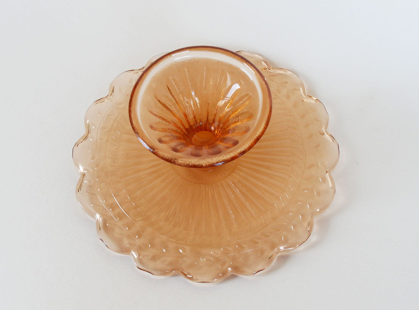 1950s Blush Pink Small Cake Stand with Scalloped Edge and Leaf Design, Vintage Pink Glass Cake Stand, Vintage Depression Glass Pink Stand, Vintage Blush Pink Scalloped Edge Cake Stand