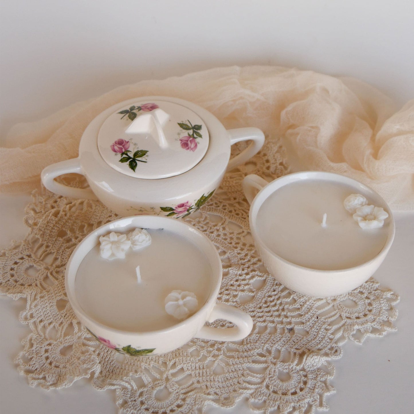 Vintage Pink Rose Tea Cup Candles, White Citrus & Sage