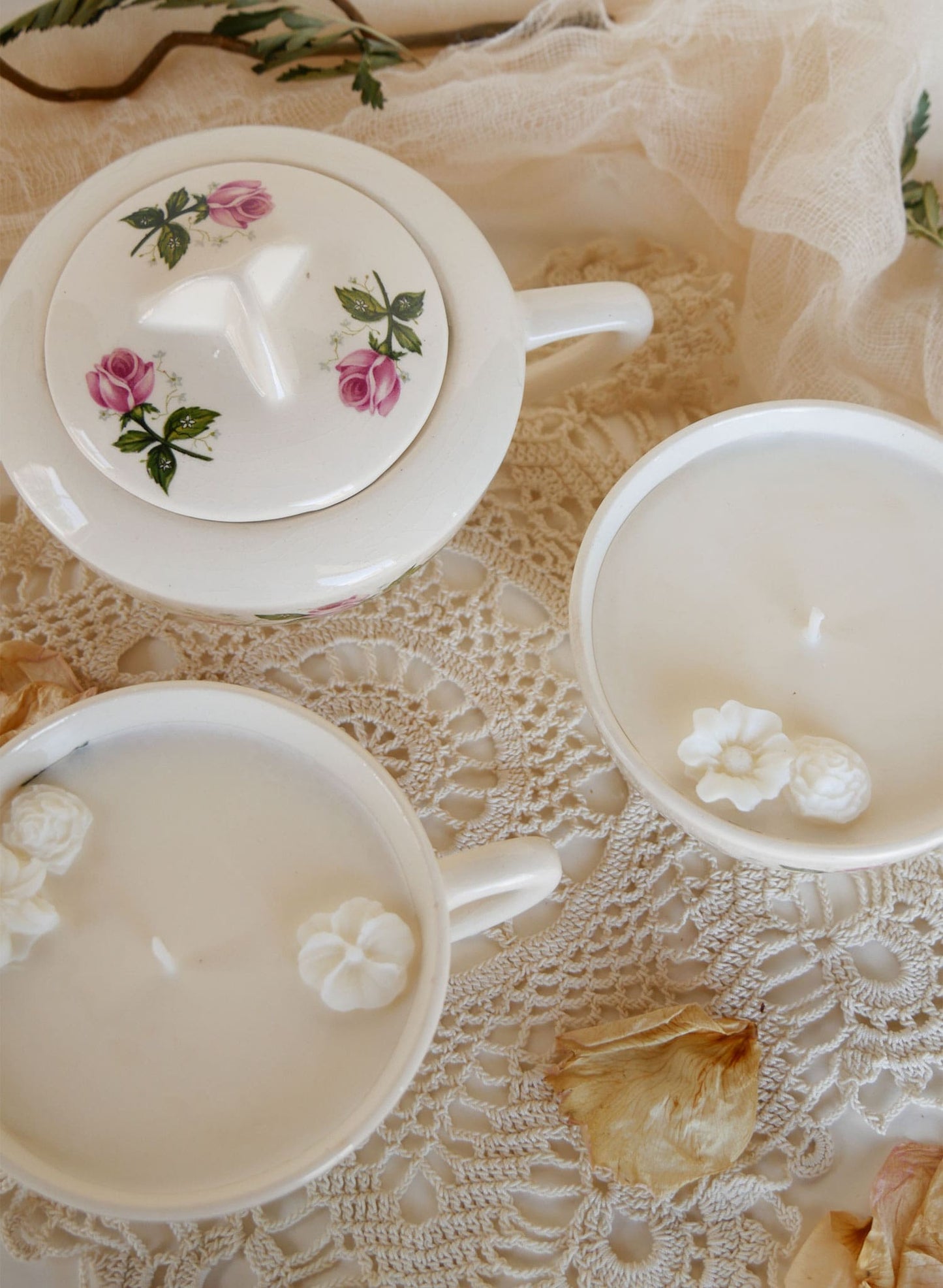 Vintage Pink Rose Tea Cup Candles, White Citrus & Sage