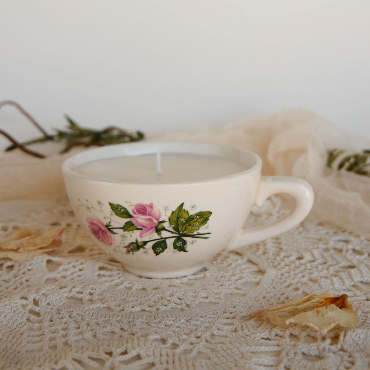 Vintage Pink Rose Tea Cup Candles, White Citrus & Sage