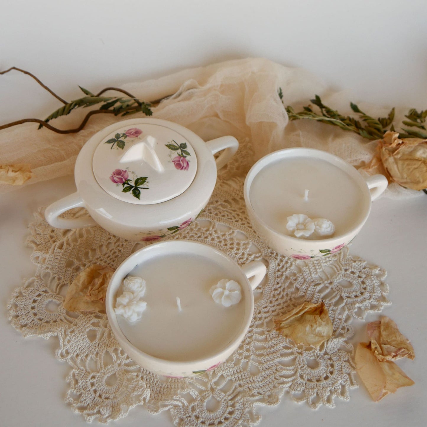 Vintage Pink Rose Tea Cup Candles, White Citrus & Sage