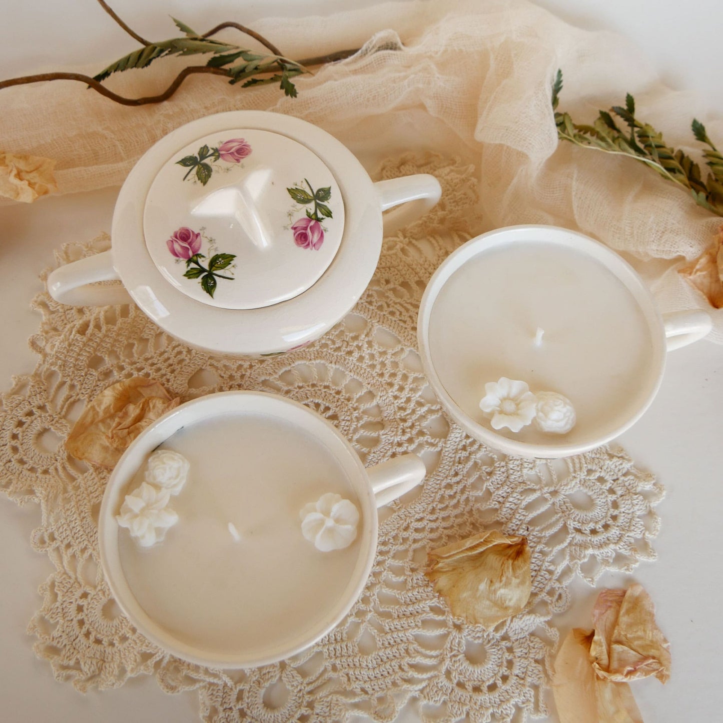 Vintage Pink Rose Tea Cup Candles, White Citrus & Sage