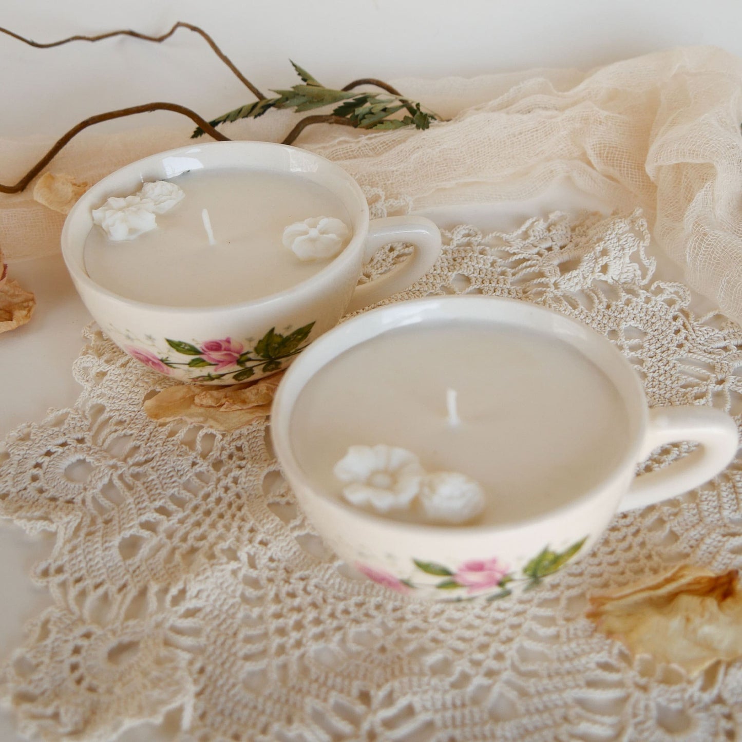 Vintage Pink Rose Tea Cup Candles, White Citrus & Sage