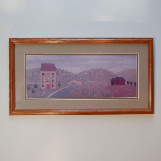 Oak Framed Folk Farmhouse & Fields Print, Vintage Folk Print, Vintage Framed Folk Farmhouse