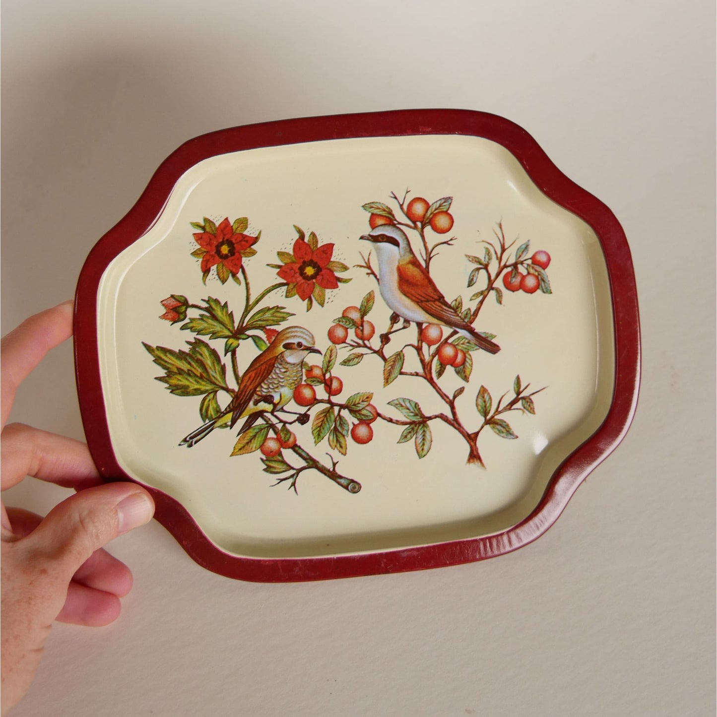 Small Metal Floral Tray, Small Vintage Bird Tray, Small Vintage Red Floral and Bird Tray