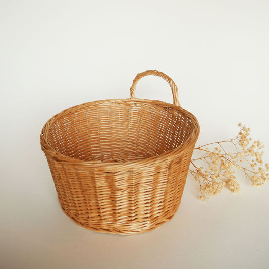 Vintage Round Wicker Basket with Handle, Vintage Farmhouse Wicker Basket, Vintage Cottage Wicker Basket Wicker Basket with Handle