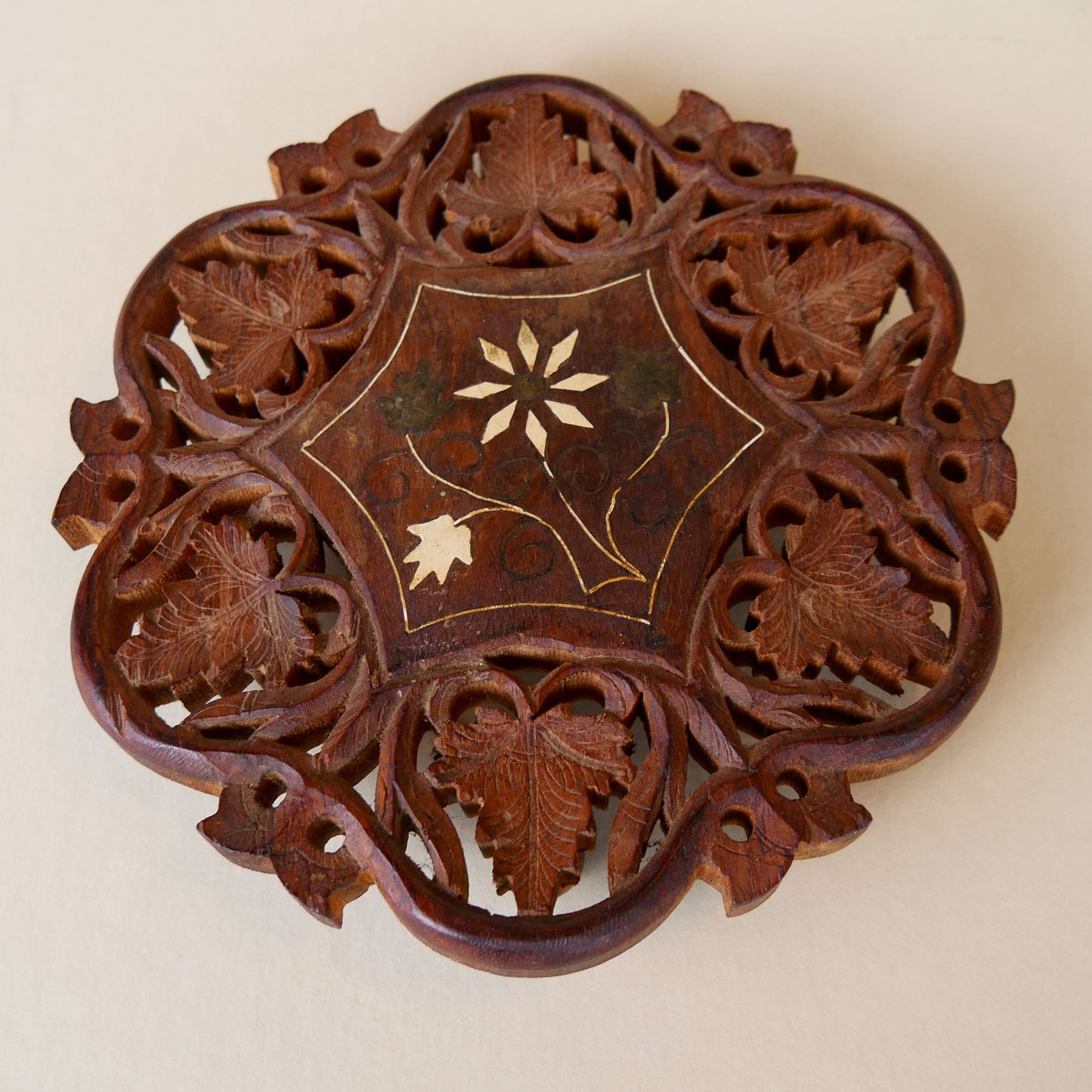 Vintage-Round-Wooden-Carved-Trivet with Flower Inlay